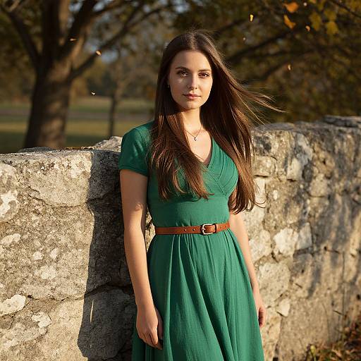 Young Woman in Green Dress by Stone Wall Outdoors