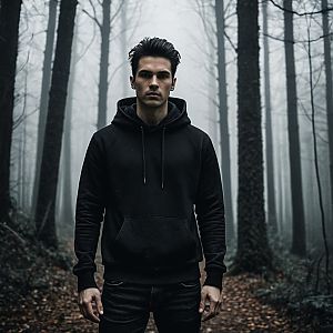 Serious young man in a black hoodie in a misty forest