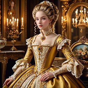 Young Woman in 18th-Century Golden Gown in Baroque Setting
