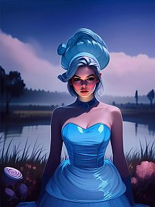 Woman with Blue Hair by Serene Water at Twilight