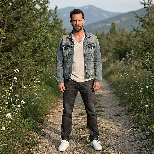 Man in Denim Jacket Standing on Rustic Path with Mountain Background