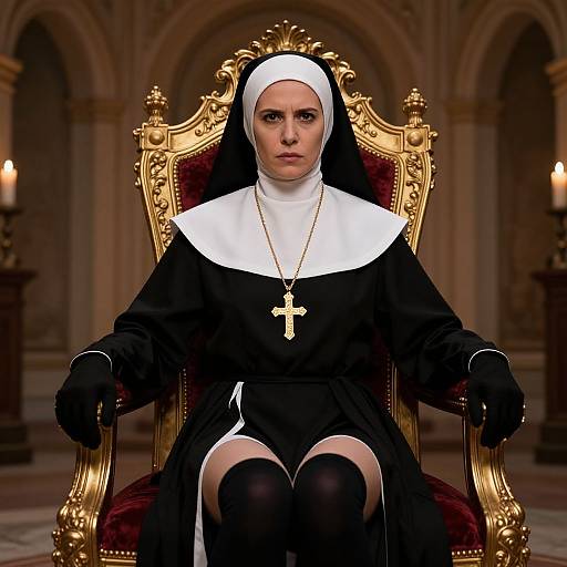 Woman in Nun Costume Sitting on Ornate Throne in Church Interior