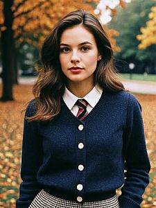 Woman in Preppy Fall Outfit Waist Up Editorial Fashion Photo