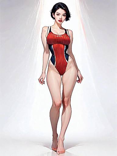 Realistic Comic Style Full Body Portrait of Sporty Woman in Red Swimsuit