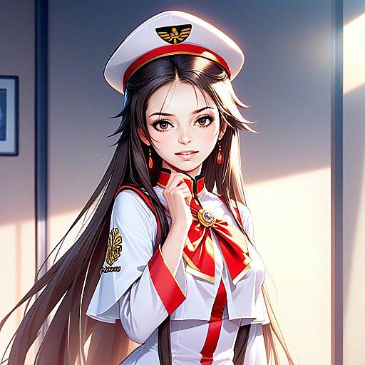 Anime Style Woman in Elegant Red and White Military Uniform