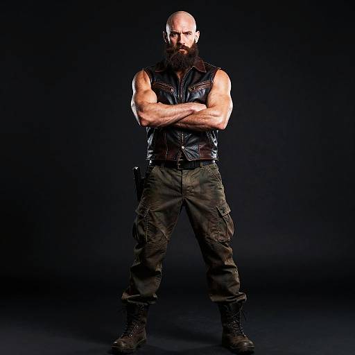 Tough Muscular Bearded Man in Leather Vest and Cargo Pants