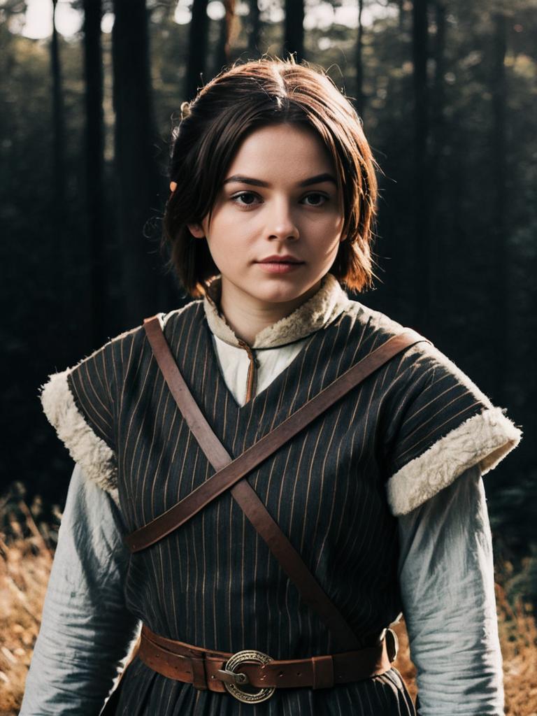 Realistic Arya Stark Cosplay Woman in Medieval Costume Outdoors