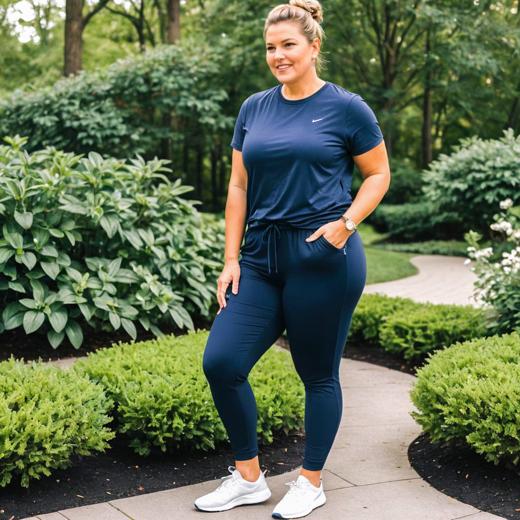 Fit Woman in Stylish Navy Nike Athletic Wear in Garden