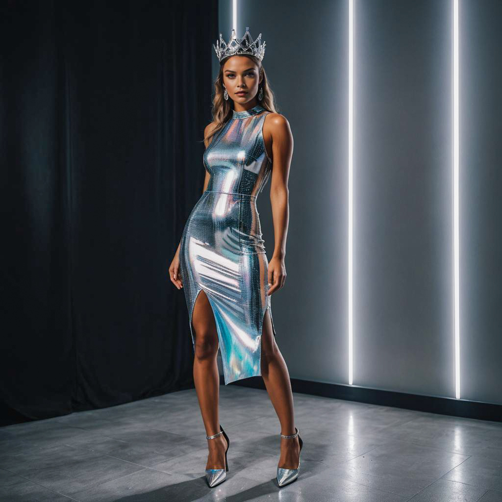 Futuristic Metallic Dress Woman with Crown and Heels