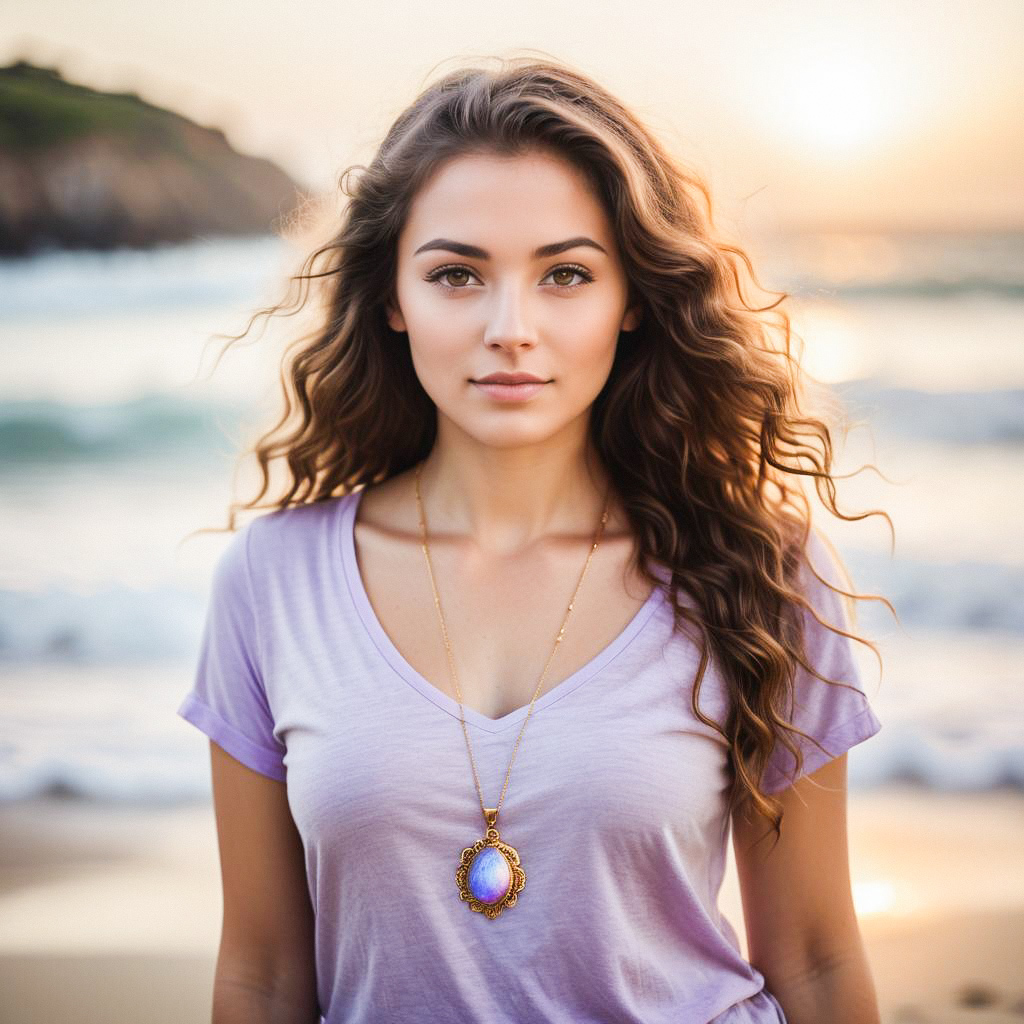 Young Woman on Beach at Sunset with Blue Stone Pendant Young Woman on Beach at Sunset with Blue Stone Pendant