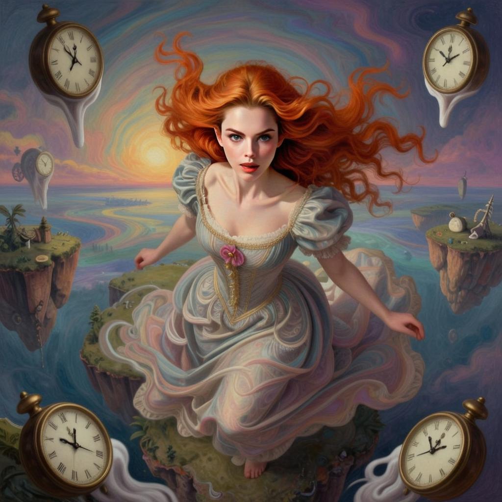 Surreal Woman with Red Hair Floating Amid Melting Clocks and Floating Islands