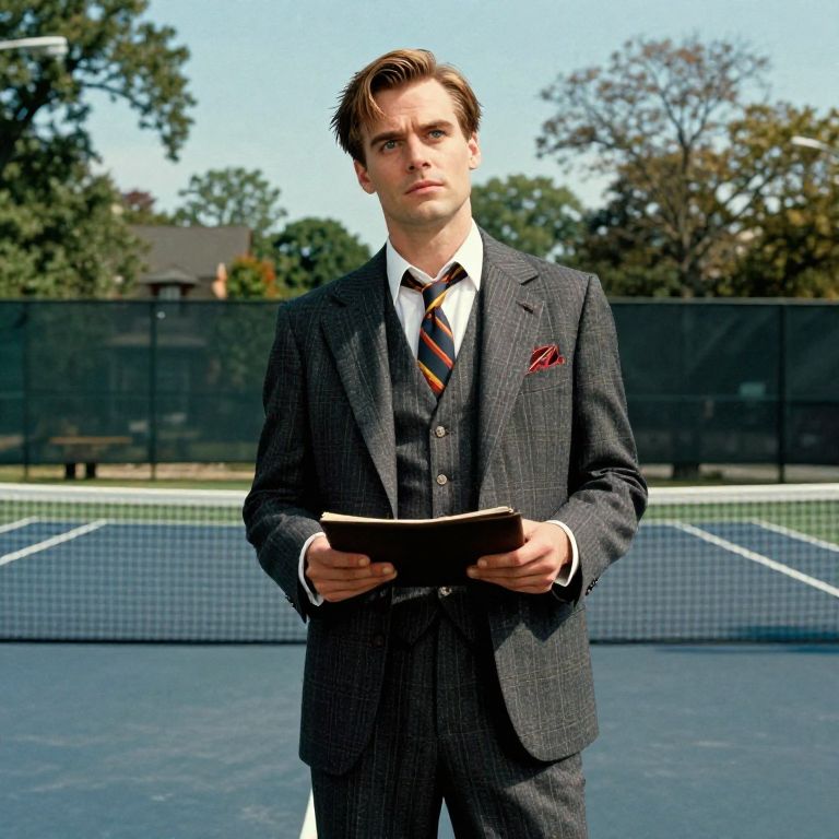 Young Man in Vintage Pinstripe Suit on Tennis Court