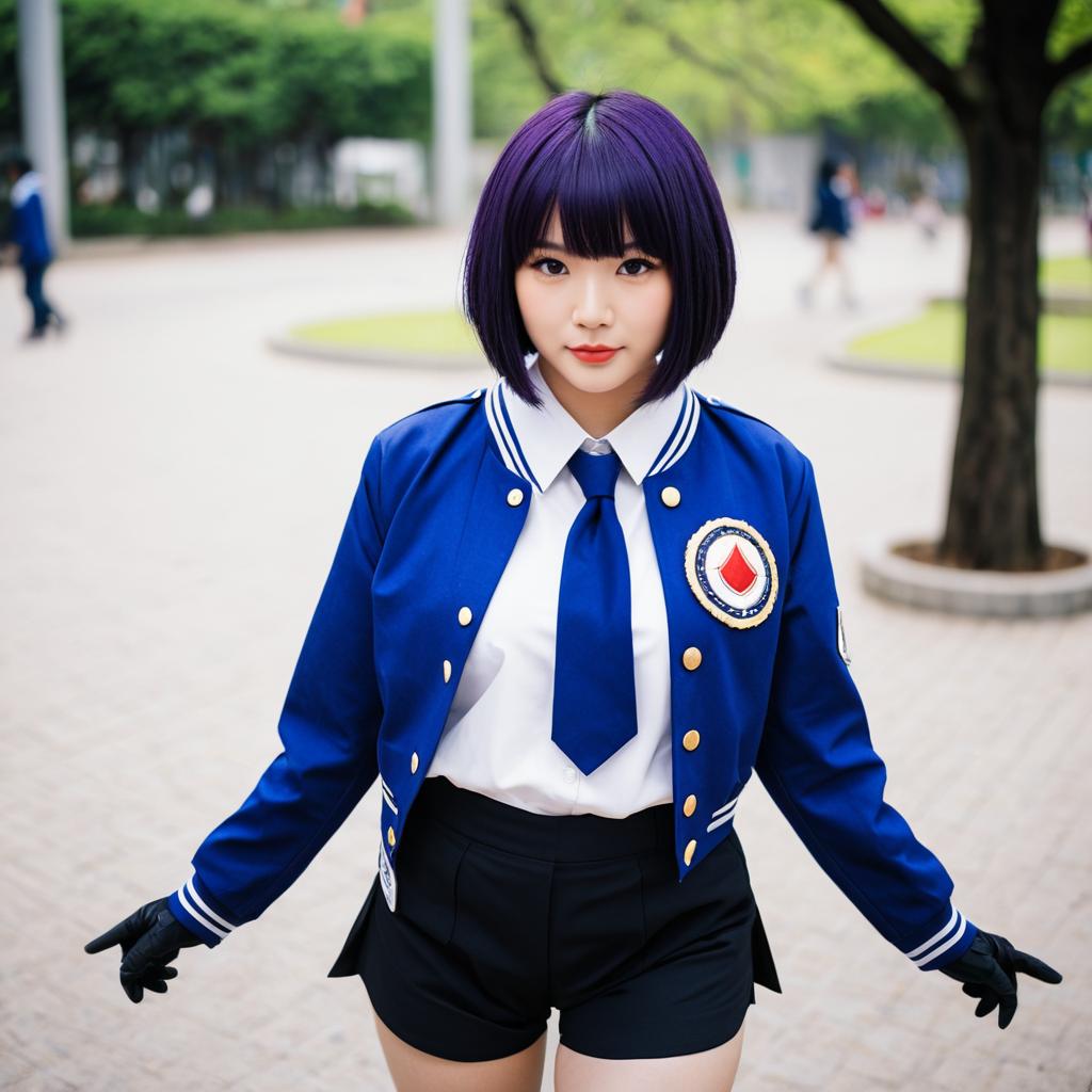 Amatori Chika Cosplay in Blue Uniform with Purple Hair Outdoors