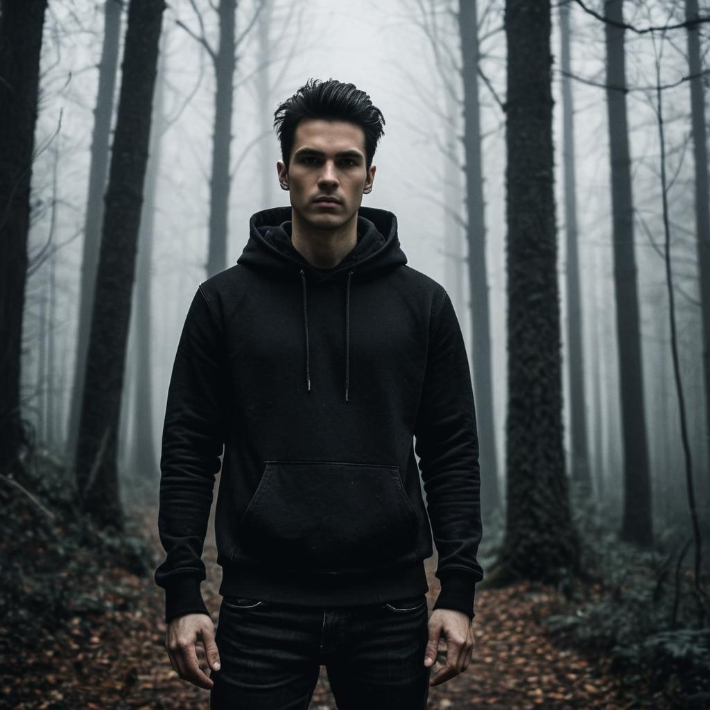 Serious young man in a black hoodie in a misty forest