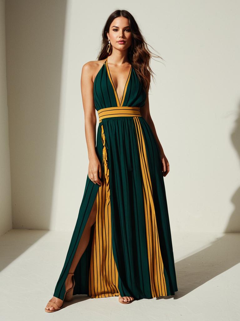 Woman wearing green and mustard yellow striped halter maxi dress with slit
