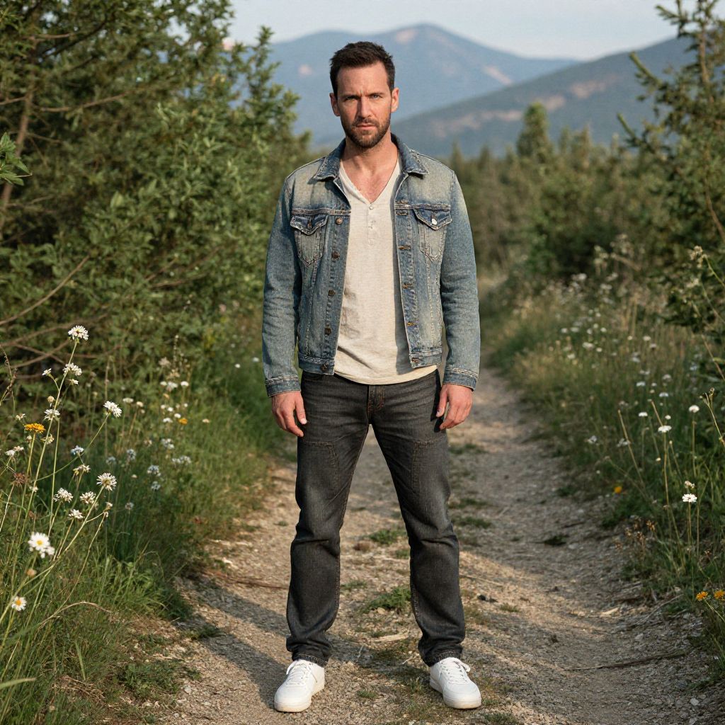 Man in Denim Jacket Standing on Rustic Path with Mountain Background