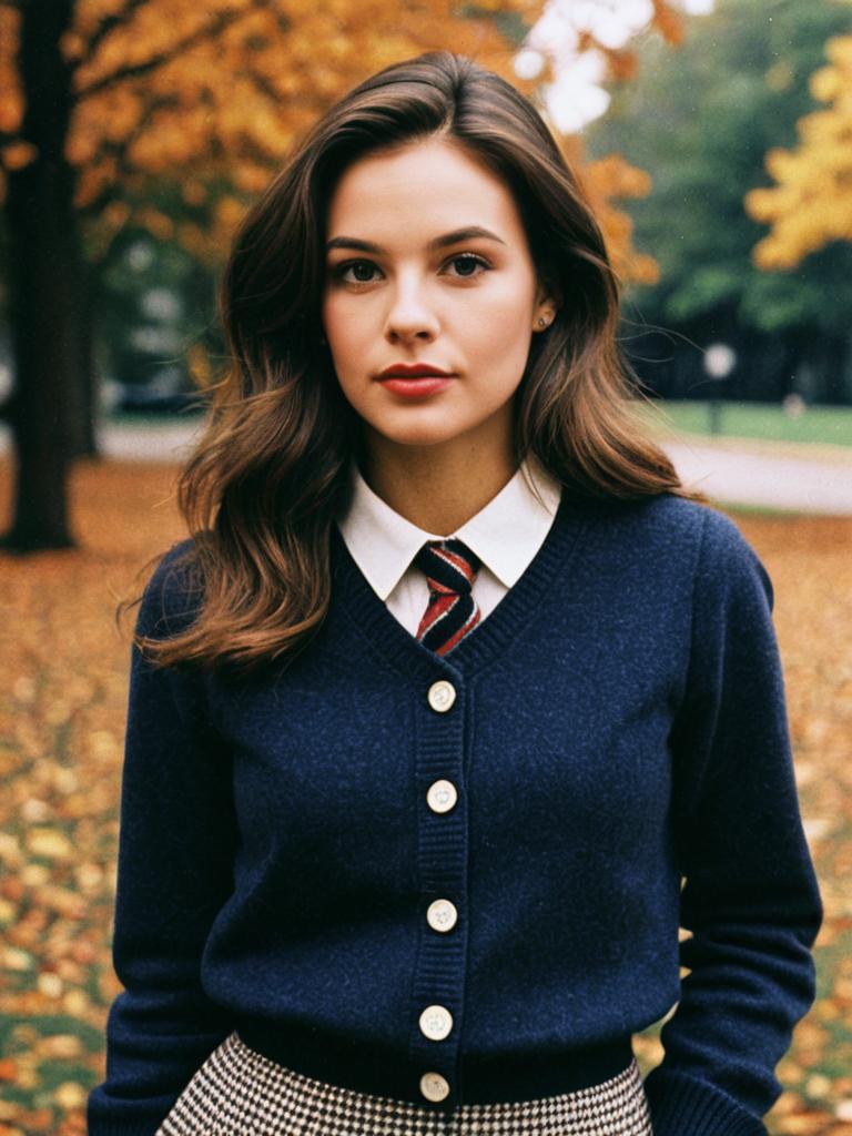 Woman in Preppy Fall Outfit Waist Up Editorial Fashion Photo