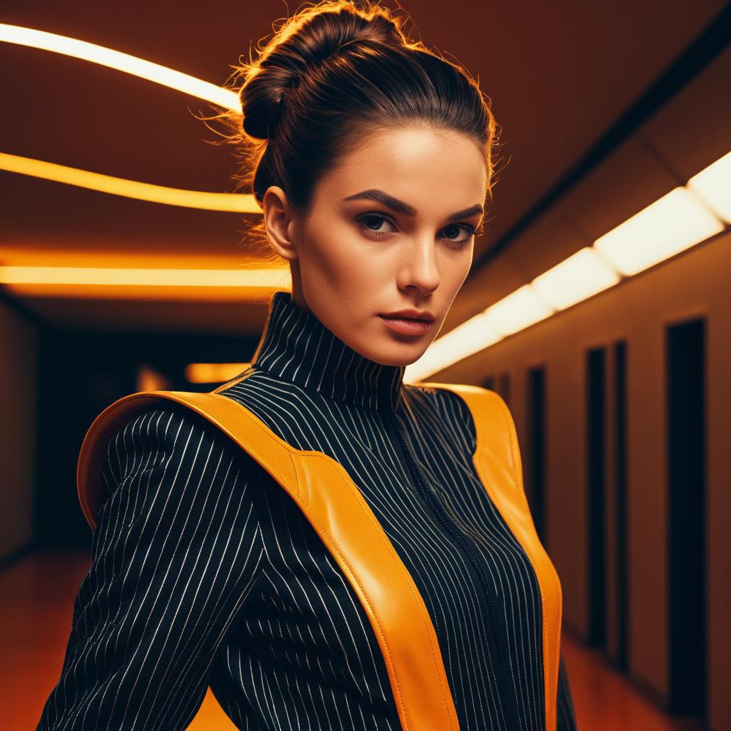 Confident Woman in Futuristic Pinstripe and Orange Accent Fashion