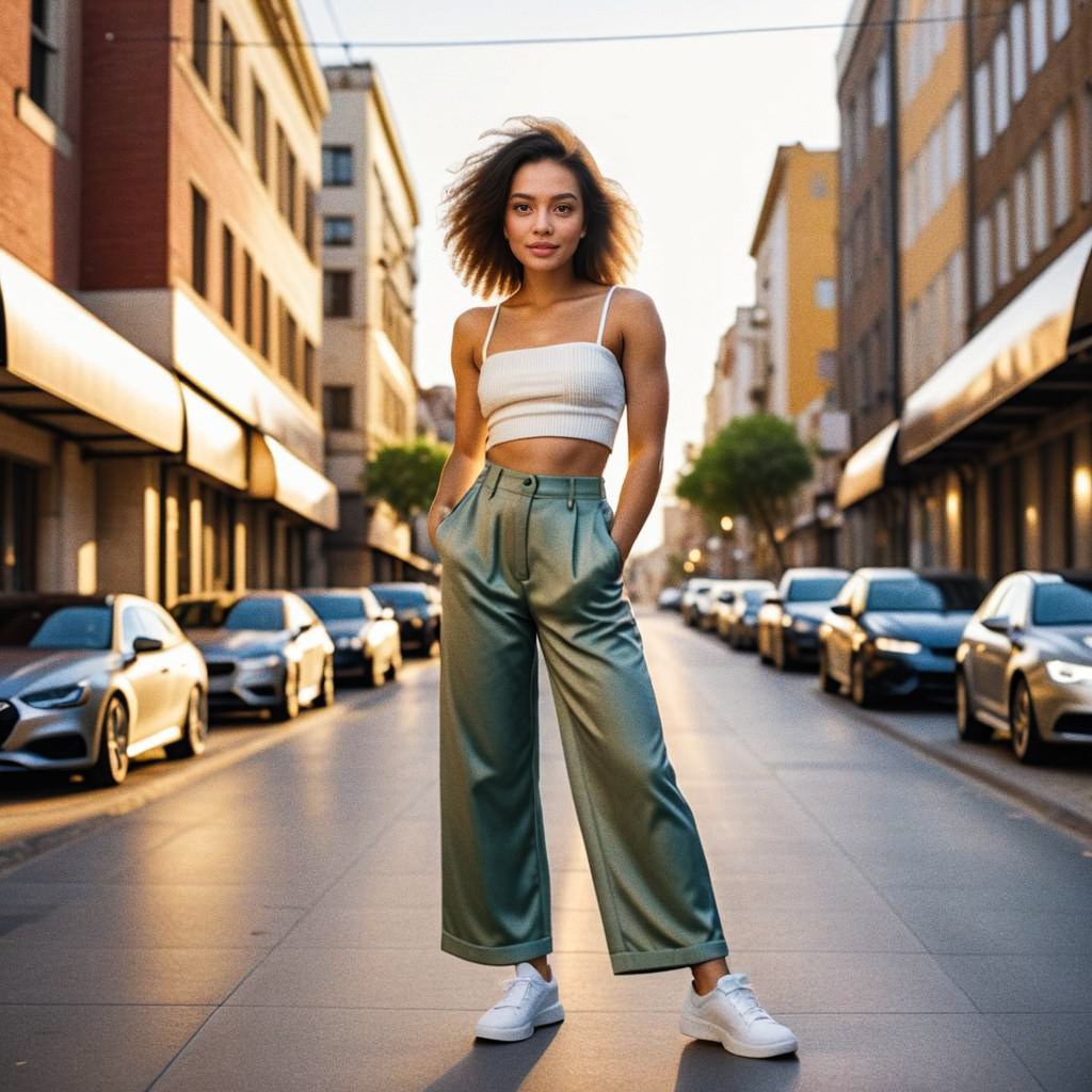 Confident Woman in Trendy Outfit at Sunset