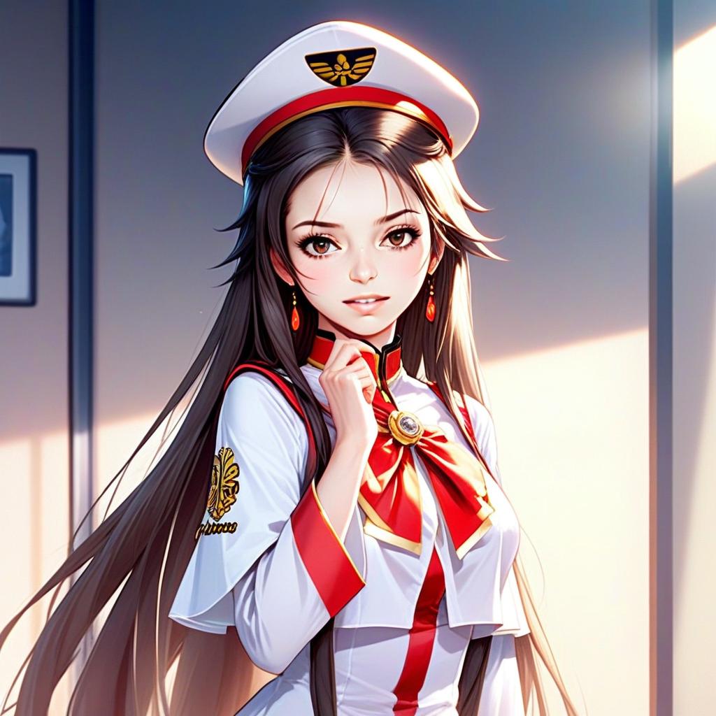 Anime Style Woman in Elegant Red and White Military Uniform