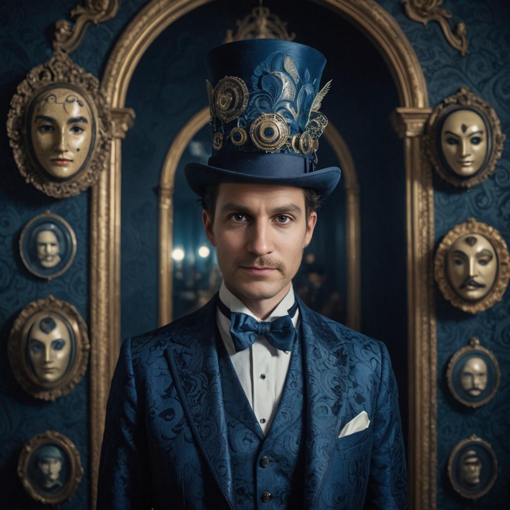 Man in Steampunk Blue Suit with Masks