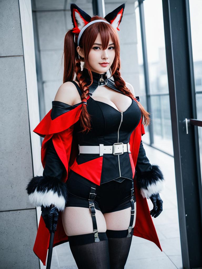 Angelina Arknights Cosplay Woman with Fox Ears in Red and Black Outfit