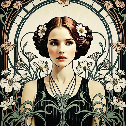 Art Nouveau Portrait of a Woman with Floral Hair Accessories