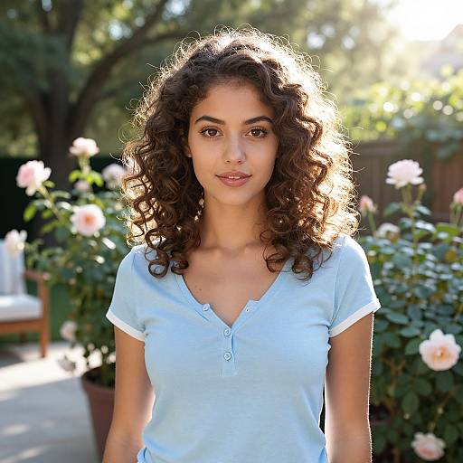 Young Woman with Curly Hair in Garden with Roses Wearing Light Blue Shirt