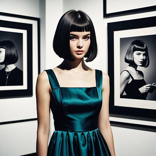 Elegant Woman in Teal Dress with Bob Haircut in Modern Art Gallery