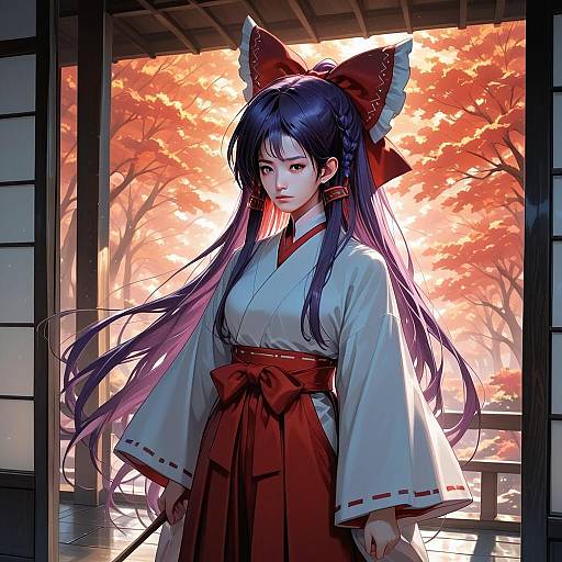 Hakurei Reimu in Traditional Kimono Over Autumn Veranda - Anime Style Illustration