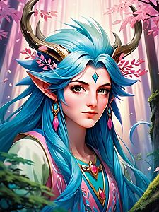 Fantasy Woman with Blue Hair and Antlers in Enchanted Forest
