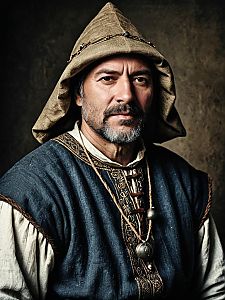 Photorealistic Portrait of Man in Medieval Peasant Costume with Hood