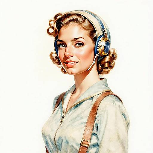 Retro Style Woman Wearing Vintage Headphones with Curly Hair
