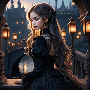 Elegant Woman in Victorian Gown at Twilight
