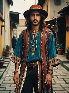 Man in Bohemian Style Outfit with Cinematic Realism on Cobblestone Street