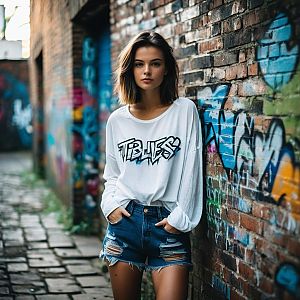 Confident Young Woman in Urban Alleyway with Graffiti