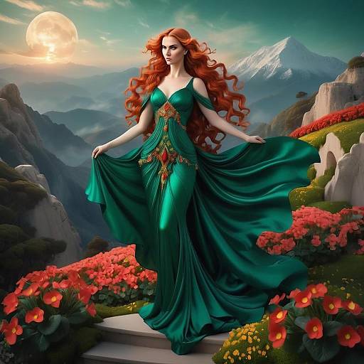 Fantasy Red-Haired Woman in Flowing Emerald Green Gown Amidst Mountainous Landscape