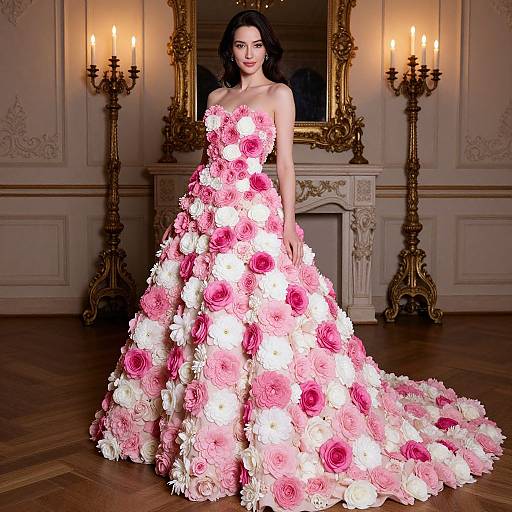 Elegant Woman in Pink and White Floral Gown in Classic Interior