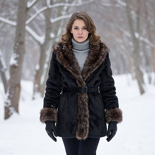 Woman in Black Fur-Trimmed Coat in Snowy Forest Winter Fashion