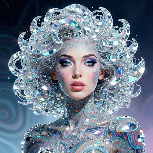 Futuristic Woman with Iridescent Swirling Patterns and Translucent Crescent Headdress