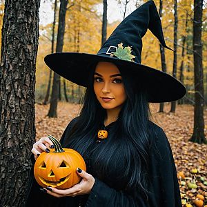 Witch with Jack-o'-lantern in Autumn Forest