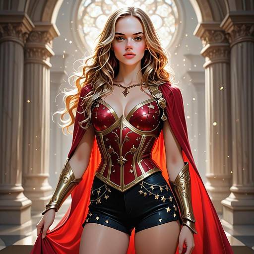 Fantasy Woman Warrior in Red and Gold Armor Digital Illustration