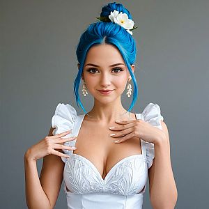 Woman with Blue Hair in Elegant White Outfit