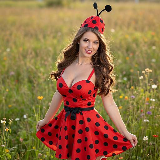 Woman in Red Polka Dot Dress with Ladybug Hat in Wildflower Field