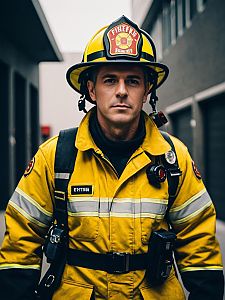 Photorealistic Man in Firefighter Costume Cinematic Cosplay Portrait