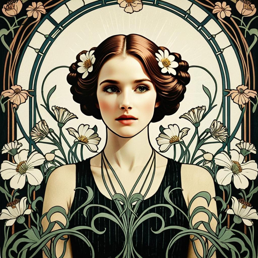 Art Nouveau Portrait of a Woman with Floral Hair Accessories