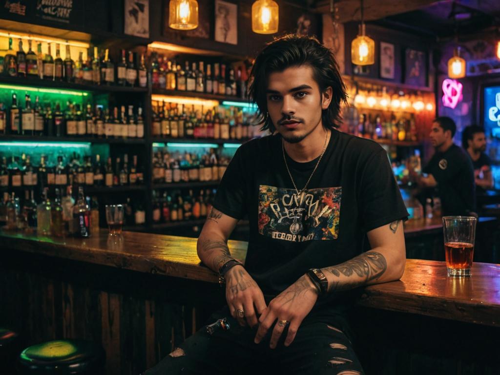 Stylish young man with tattoos in a dimly lit bar