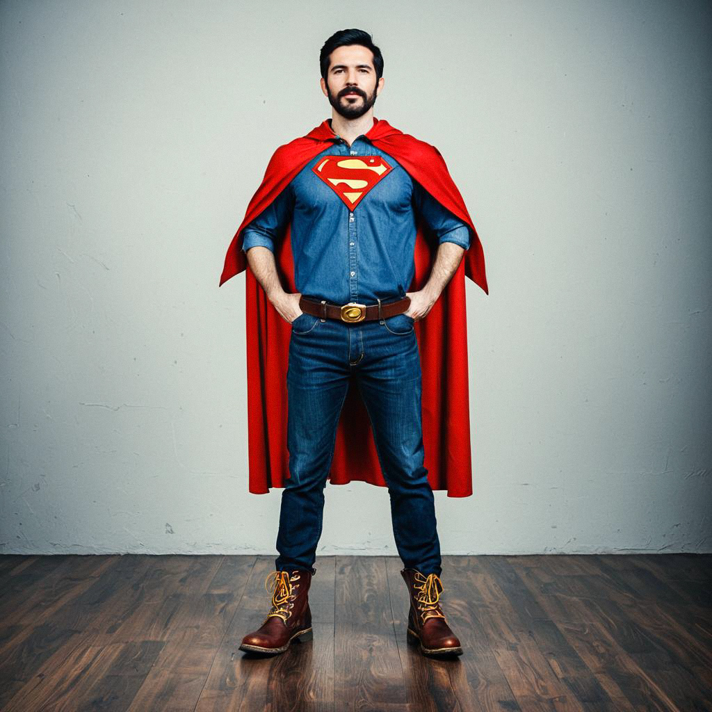 Confident Man in Superhero Cape Confident Man in Superhero Cape