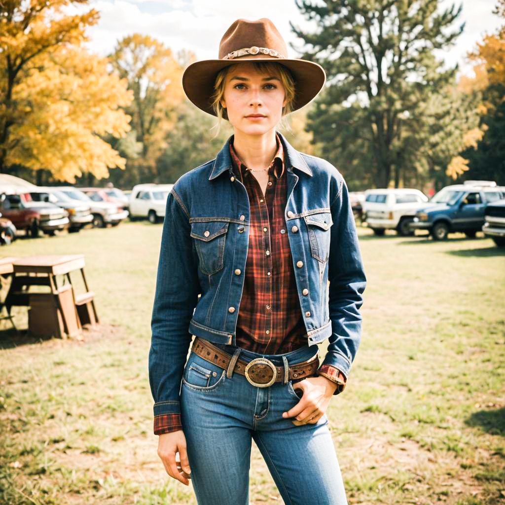 Woman in Western Attire in Rustic Autumn Setting