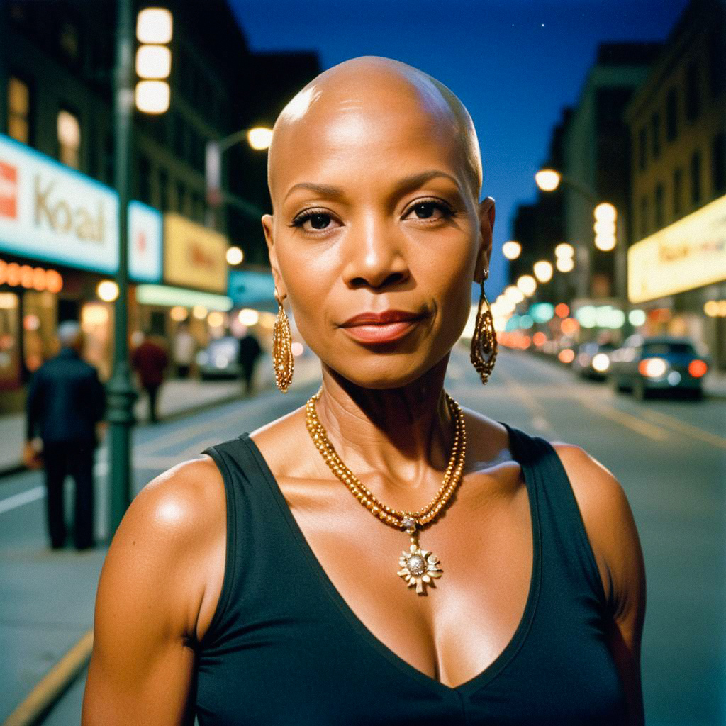 Confident Bald Woman in Urban Setting